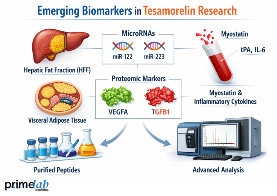 Infographic showing emerging biomarkers in tesamorelin research, including hepatic fat fraction, microRNAs, proteomic markers, and inflammatory cytokines.