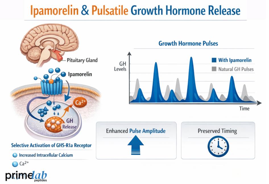 Ipamorelin diagram showing selective pituitary activation that increases growth hormone pulse amplitude while preserving natural pulse timing.