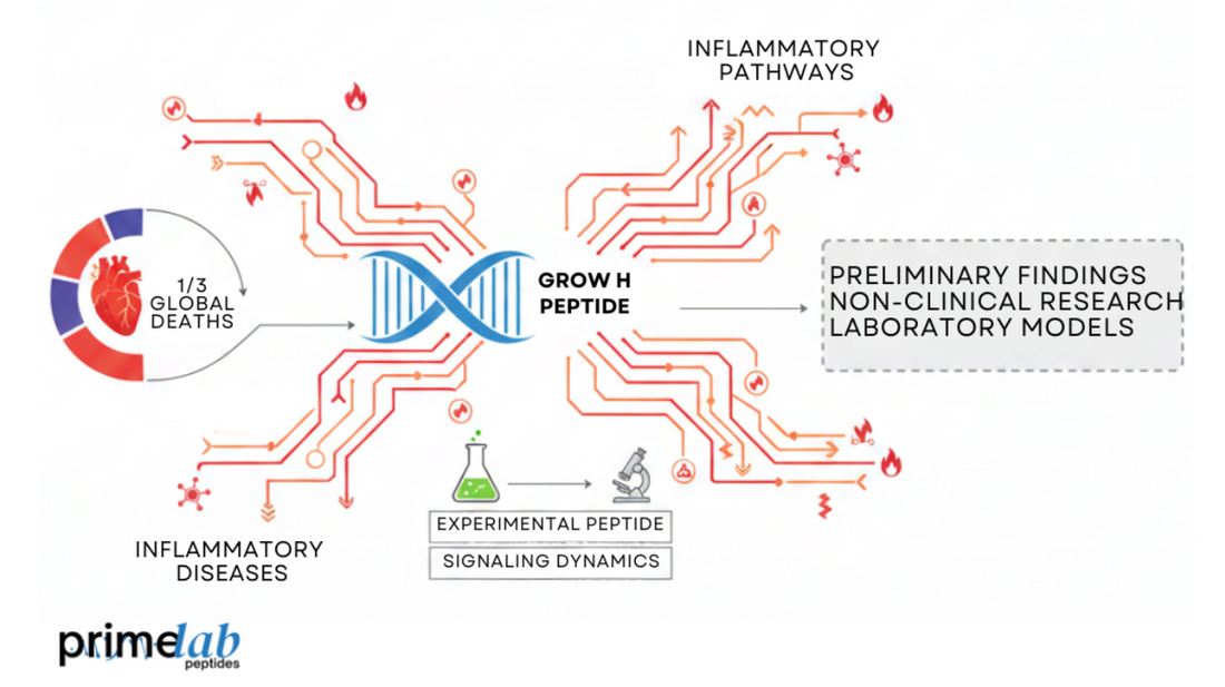 Grow H peptide research diagram showing inflammatory pathways, global deaths, and laboratory findings