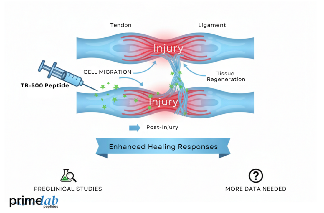 Illustration showing TB-500’s role in tendon and ligament repair through cellular regeneration.