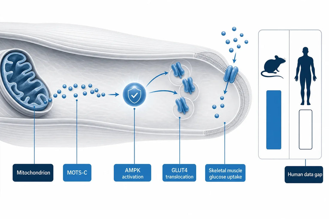 MOTS-C and Blood Sugar: What Human Data Shows (2026) — diagram: MOTS-C, Mitochondrion, AMPK activation, GLUT4 translocation