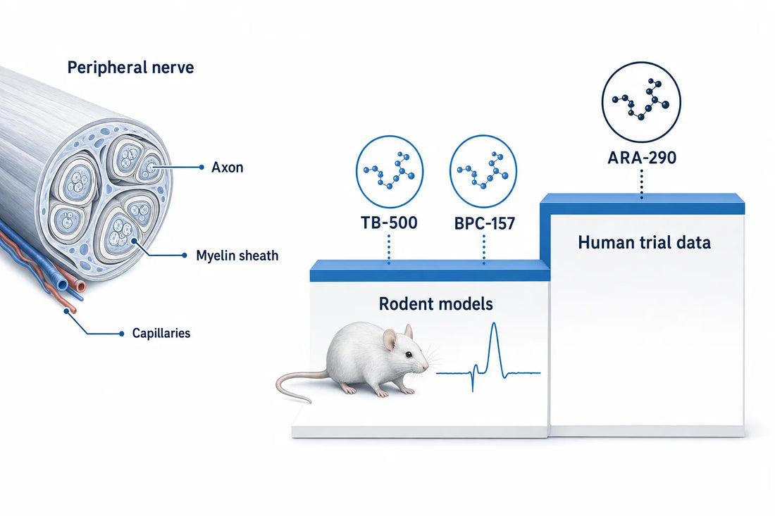 Peptides for Neuropathy: Evidence & Safety (2026) — diagram: Peripheral nerve, TB-500, BPC-157, Rodent models