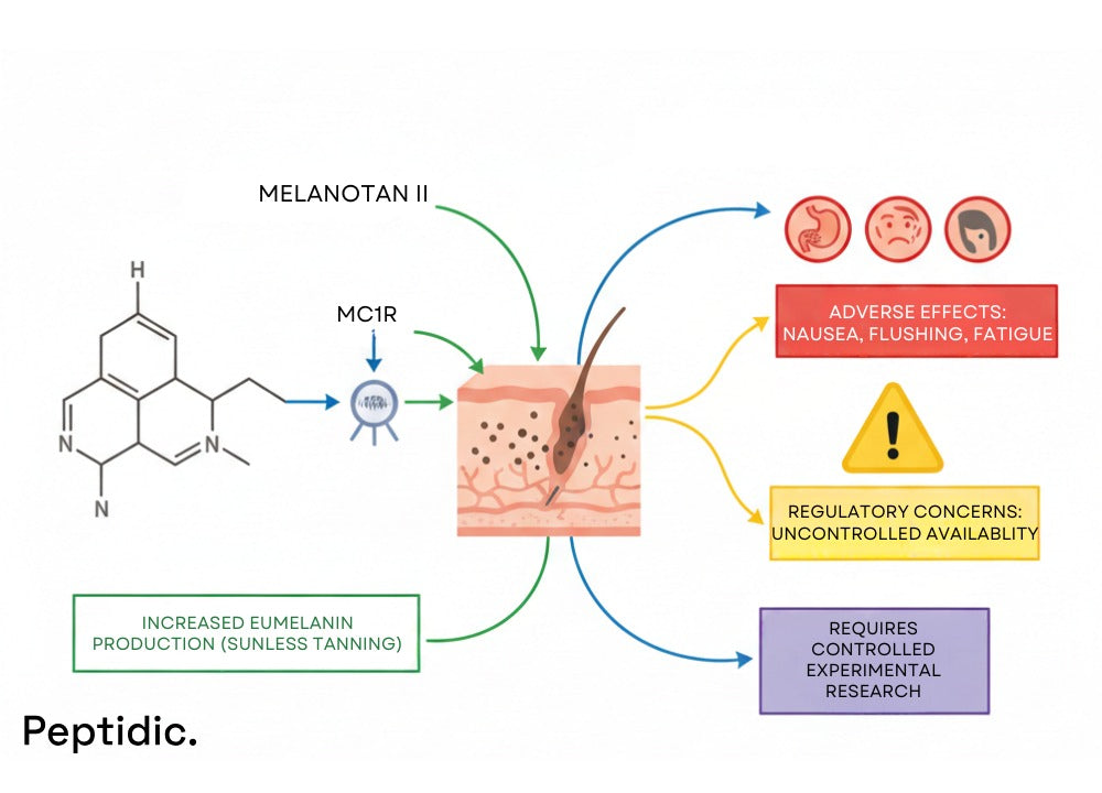 Image illustrating Melanotan II activating MC1R, stimulating melanogenesis, and increasing eumelanin without UV.
