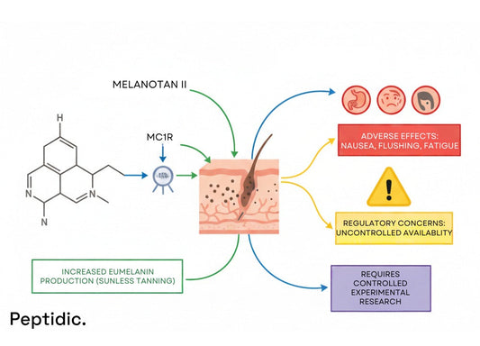 Image illustrating Melanotan II activating MC1R, stimulating melanogenesis, and increasing eumelanin without UV.