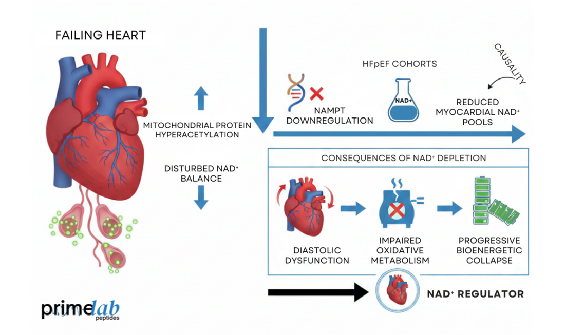 Diagram illustrating NAD+ depletion driving mitochondrial dysfunction, diastolic failure, and progressive bioenergetic collapse.