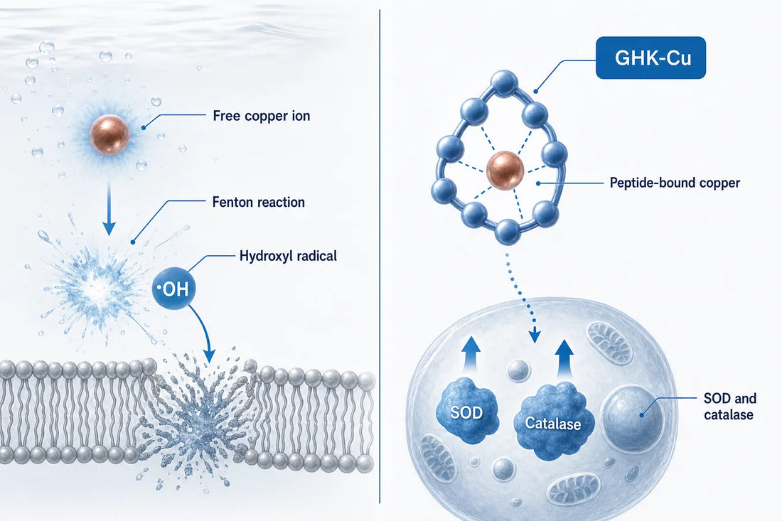 GHK-Cu Side Effects: Copper Risk Explained (2026) — diagram: GHK-Cu, Free copper ion, Fenton reaction, Hydroxyl radical