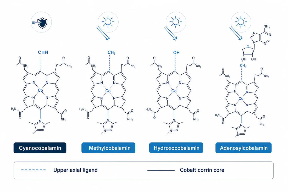 Cyanocobalamin vs Methylcobalamin: B12 Chart (2026) — diagram: Cyanocobalamin, Methylcobalamin, Hydroxocobalamin, Adenosylcob
