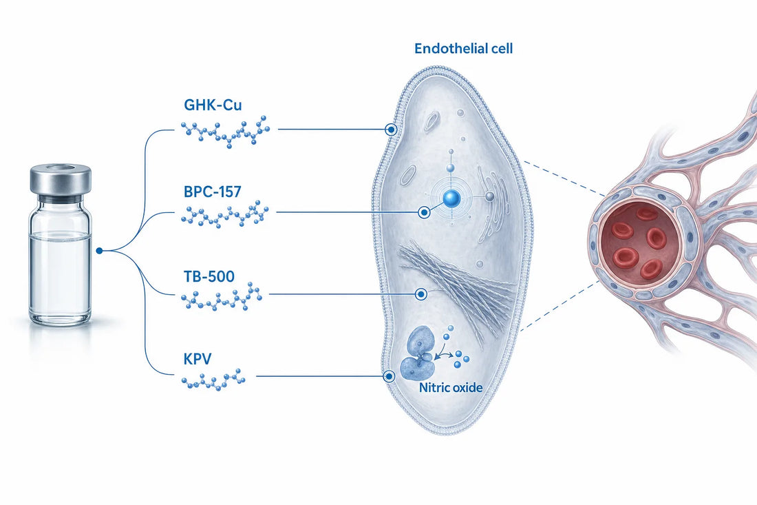 How KLOW Peptide Works: Mechanism of Action (2026) — diagram: GHK-Cu, BPC-157, TB-500, KPV