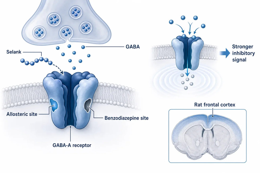 Selank & Inflammation: Immune Effects Explained (2026) — diagram: Selank, GABA-A receptor, Allosteric site, Benzodiazepine si