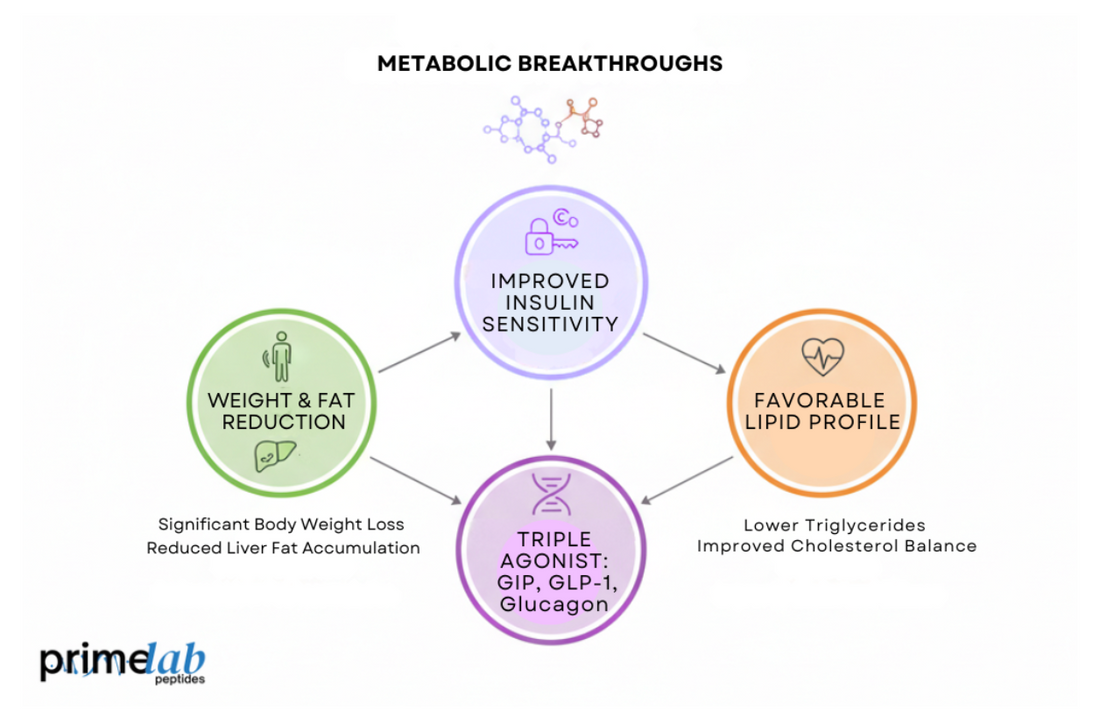 Diagram showing Retatrutide’s metabolic effects on weight, insulin sensitivity, and lipid profiles.
