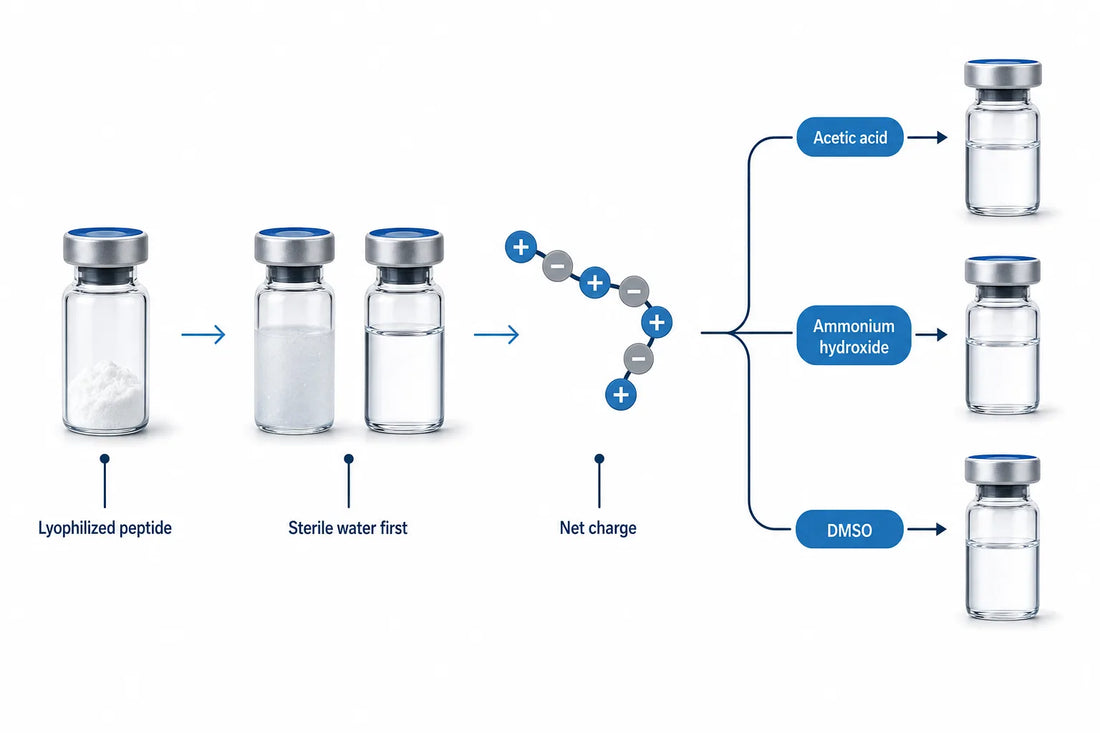 Peptide Won't Dissolve? Cloudy Vial Fixes (2026) — diagram: Lyophilized peptide, Sterile water first, Net charge, Acetic acid