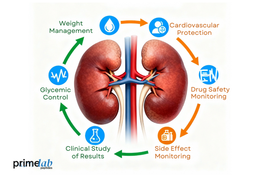 Diagram image showing Cagrilintide benefits in CKD with weight, glucose, heart, and safety monitoring.