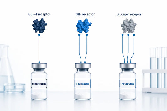 Semaglutide vs Tirzepatide vs Retatrutide (2026) — diagram: Semaglutide, Tirzepatide, Retatrutide, GLP-1 receptor