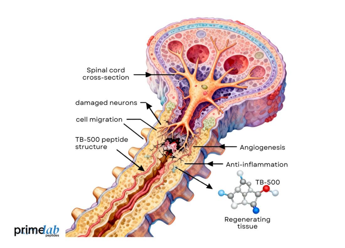 Illustration showing TB-500 aiding spinal cord regeneration through angiogenesis, cell migration, and healing.