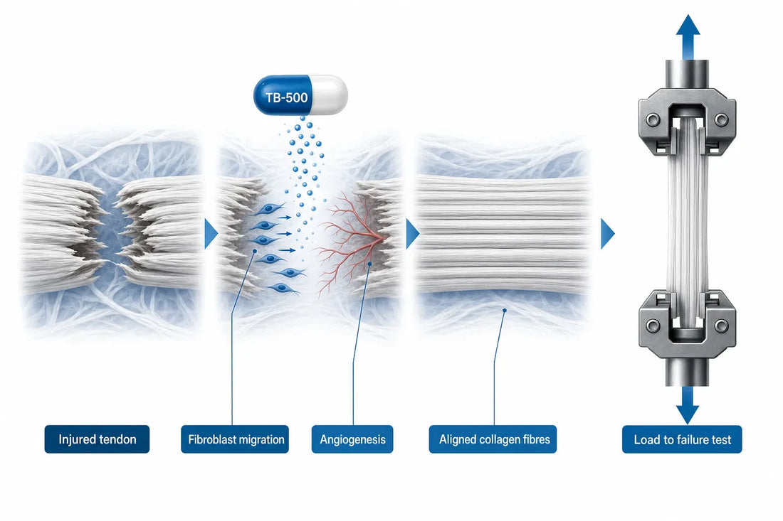 TB-500 for Tendon Repair: Results & Evidence (2026) — diagram: Injured tendon, TB-500, Fibroblast migration, Angiogenesis