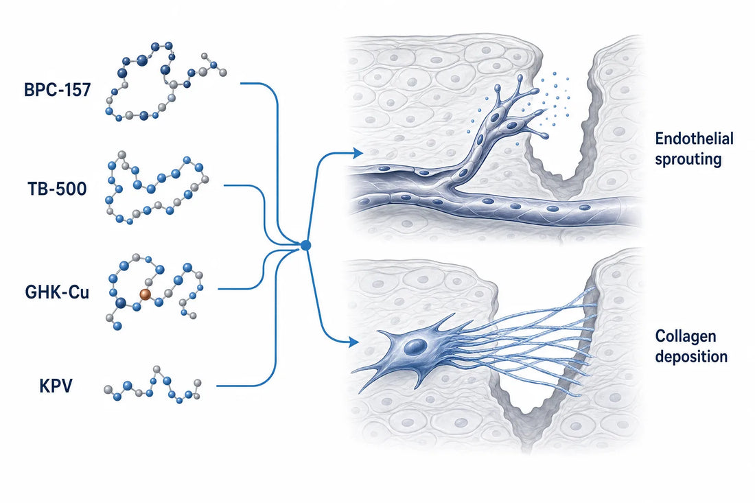 KLOW Peptide Studies: What the Evidence Shows (2026) — diagram: BPC-157, TB-500, GHK-Cu, KPV