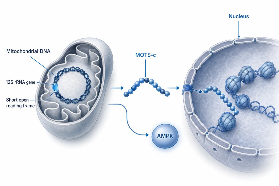 What Is MOTS-c? Sequence, Structure & Facts (2026) — diagram: MOTS-c, Mitochondrial DNA, 12S rRNA gene, Short open reading fr