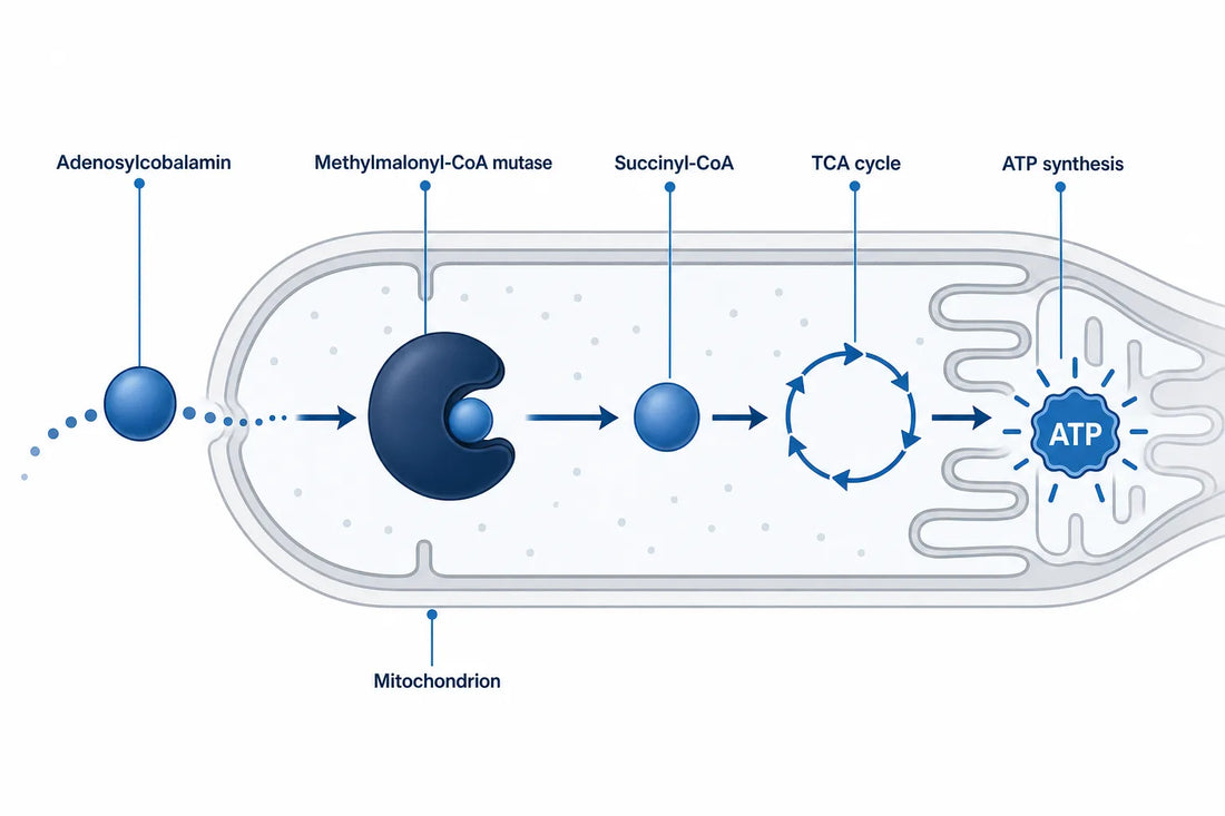 B12 Peptide: Mitochondrial Energy Explained (2026) — diagram: Adenosylcobalamin, Methylmalonyl-CoA mutase, Succinyl-CoA, TCA 