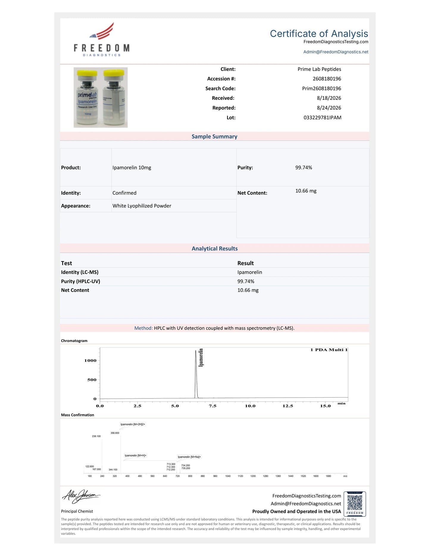 Certificate of Analysis — Ipamorelin 10mg — lot 033229781IPAM — 99.74% purity — Freedom Diagnostics, 8/24/2026