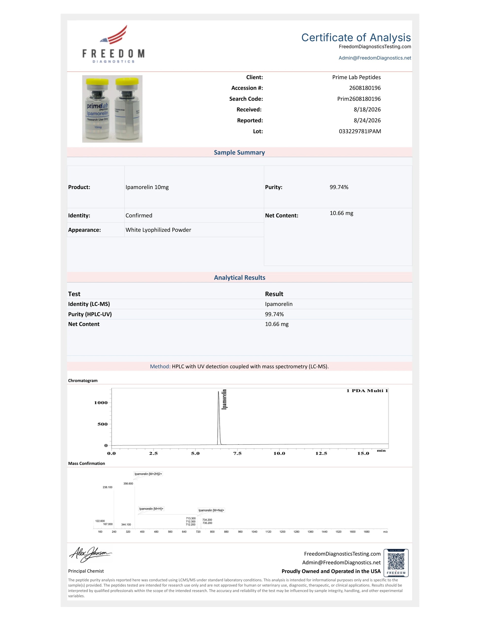 Certificate of Analysis — Ipamorelin 10mg — lot 033229781IPAM — 99.74% purity — Freedom Diagnostics, 8/24/2026