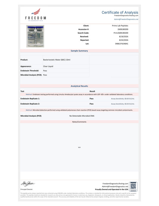 Certificate of Analysis — Bacteriostatic Water (BAC) 10ml — lot 048637424BAC —  purity — Freedom Diagnostics, 8/24/2026