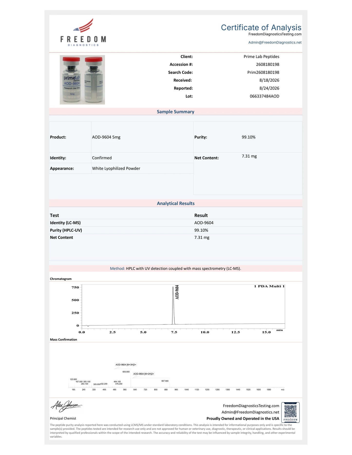 Certificate of Analysis — AOD-9604 5mg — lot 066337484AOD — 99.10% purity — Freedom Diagnostics, 8/24/2026