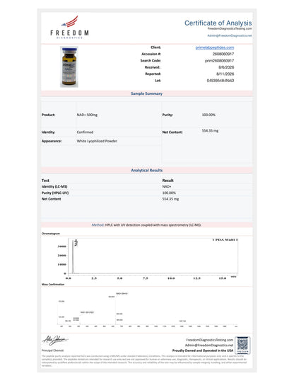 Certificate of Analysis — NAD+ 500mg, Freedom Diagnostics, lot 049395484NAD, 100.00% purity
