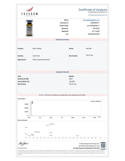 Certificate of Analysis — NAD+ 500mg, Freedom Diagnostics, lot 049395484NAD, 100.00% purity