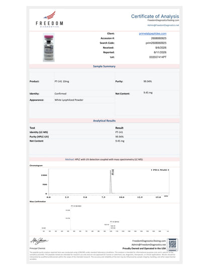 Certificate of Analysis — PT-141 10mg, Freedom Diagnostics, lot 033557414PT, 99.94% purity