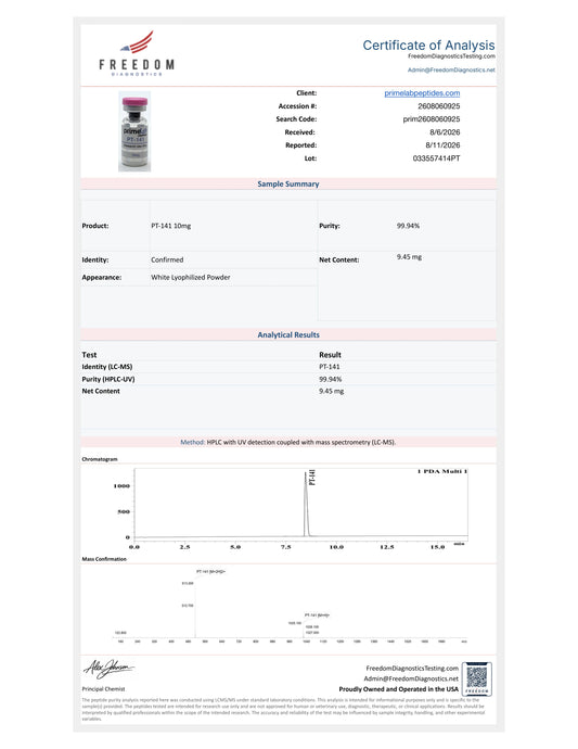Certificate of Analysis — PT-141 10mg, Freedom Diagnostics, lot 033557414PT, 99.94% purity