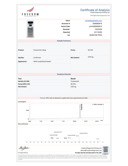 Certificate of Analysis — Tesamorelin 10mg, Freedom Diagnostics, lot 025827581TESA, 99.75% purity