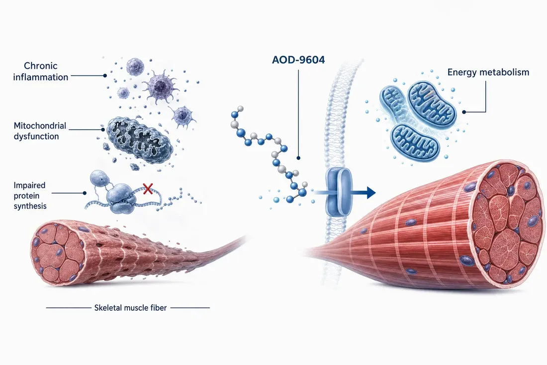 Can AOD Aid Recovery from Muscle Wasting in Cachexia or Sarcopenia? — diagram: AOD-9604, Chronic inflammation, Mitochondrial 