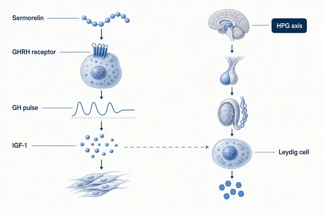 Sermorelin and Testosterone: What Research Shows (2026) — diagram: Sermorelin, GHRH receptor, GH pulse, IGF-1