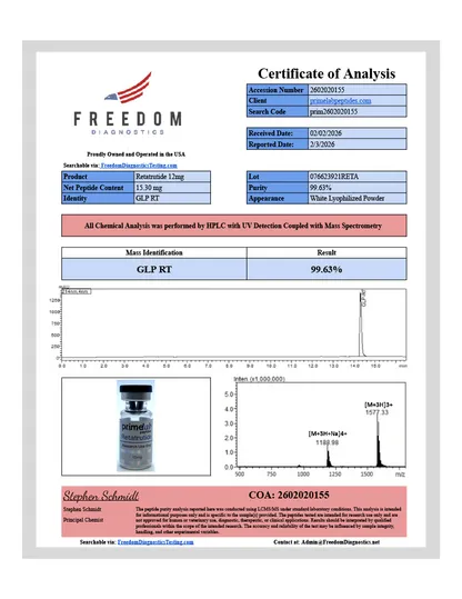 Certificate of Analysis — Retatrutide 12mg — lot 076623921RETA — 99.63% purity — Freedom Diagnostics, 2/3/2026