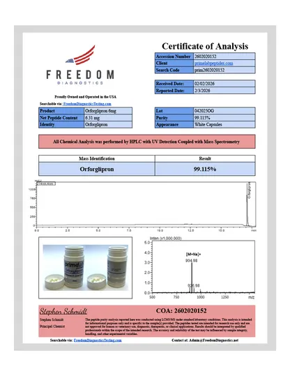 Certificate of Analysis — Orforglipron 6mg — lot 042025OG — 99.12% purity — Freedom Diagnostics, 2/3/2026