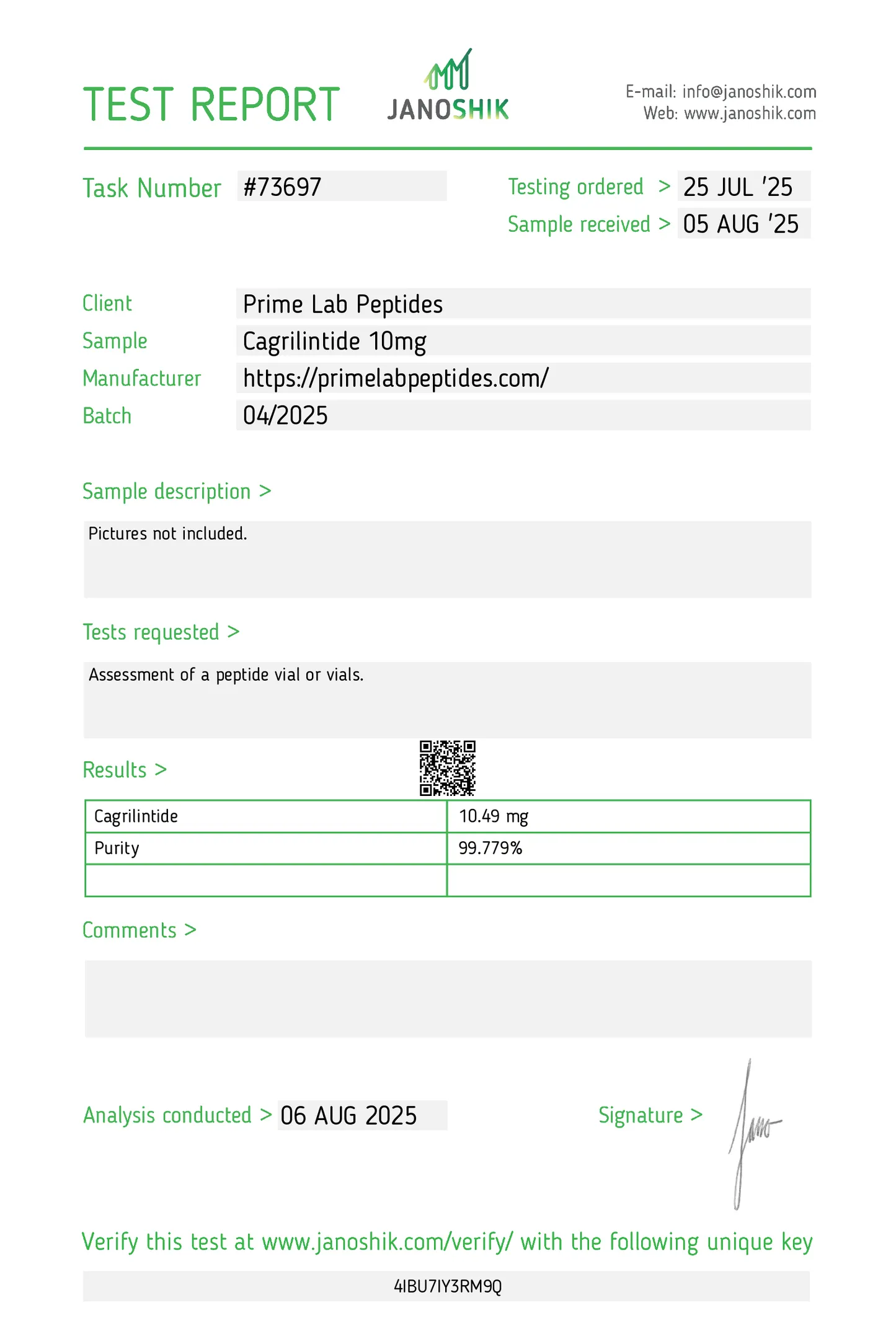 Certificate of Analysis — Cagrilintide 10mg — lot 04/2025 — 99.78% purity — Janoshik, 8/6/2025