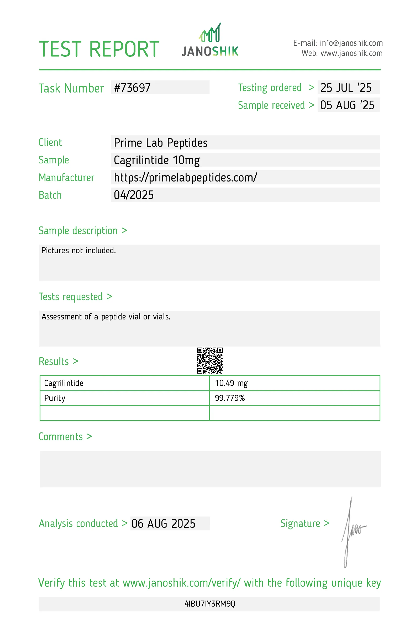 Certificate of Analysis — Cagrilintide 10mg — lot 04/2025 — 99.78% purity — Janoshik, 8/6/2025