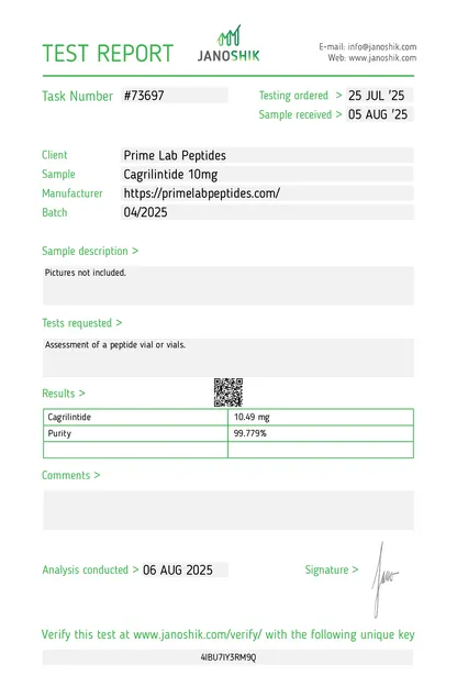 Certificate of Analysis — Cagrilintide 10mg — lot 04/2025 — 99.78% purity — Janoshik, 8/6/2025