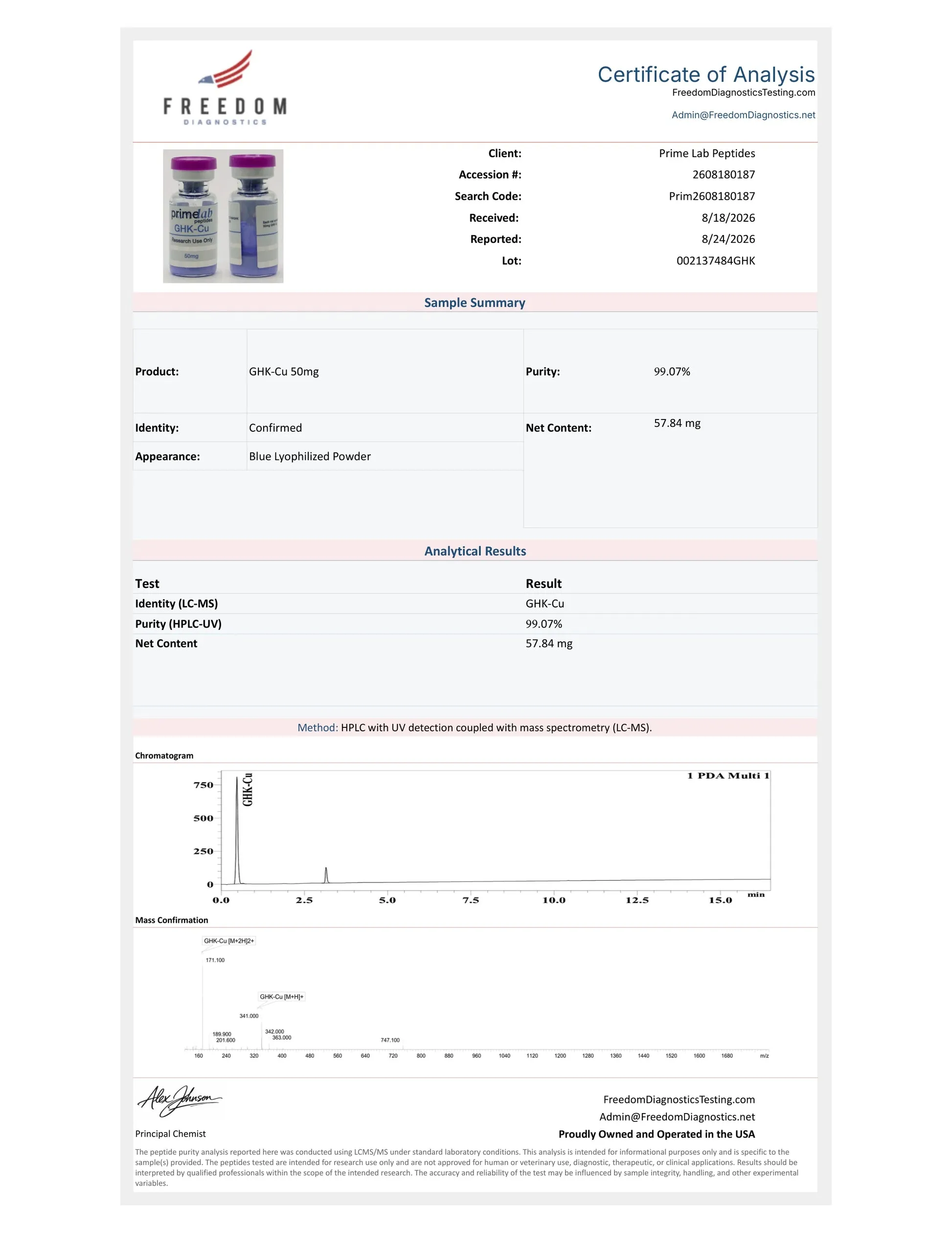 Certificate of Analysis — GHK-Cu 50mg — lot 002137484GHK — 99.07% purity — Freedom Diagnostics, 8/24/2026