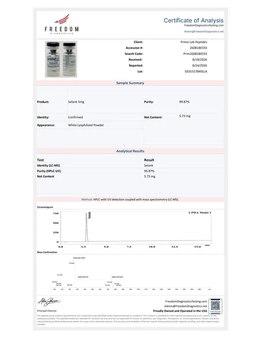 Certificate of Analysis — Selank 5mg — lot 033531784SELA — 99.87% purity — Freedom Diagnostics, 8/24/2026