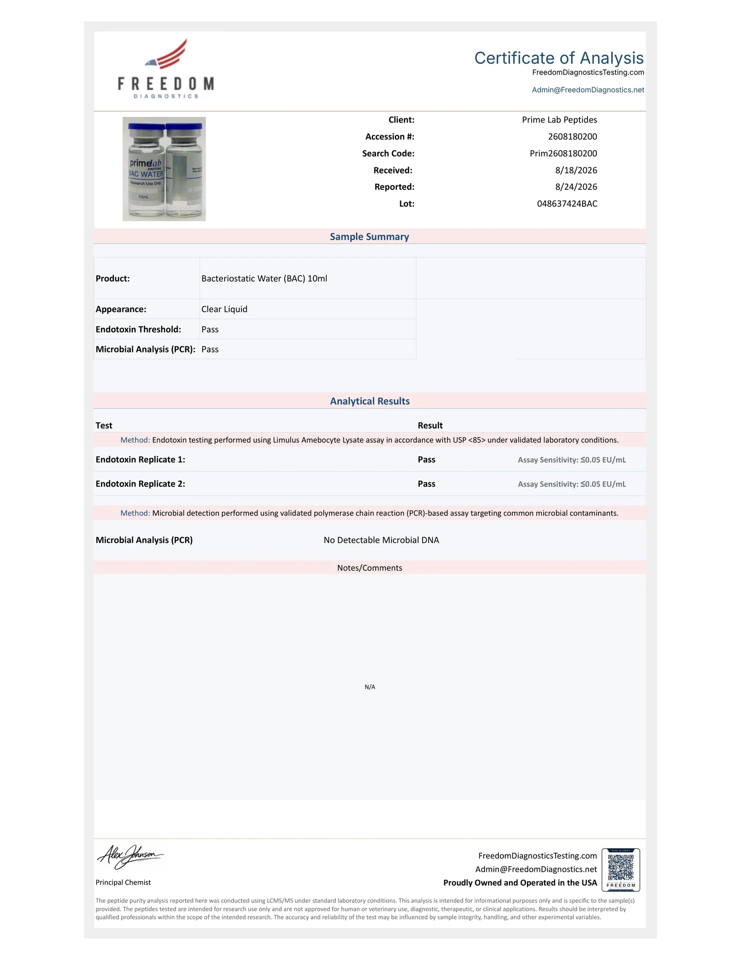 Certificate of Analysis — Bacteriostatic Water (BAC) 10ml — lot 048637424BAC —  purity — Freedom Diagnostics, 8/24/2026