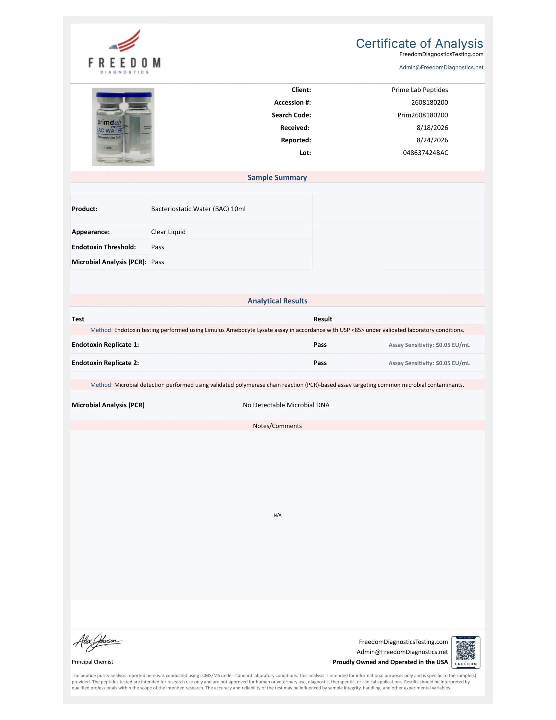 Certificate of Analysis — Bacteriostatic Water (BAC) 10ml — lot 048637424BAC —  purity — Freedom Diagnostics, 8/24/2026