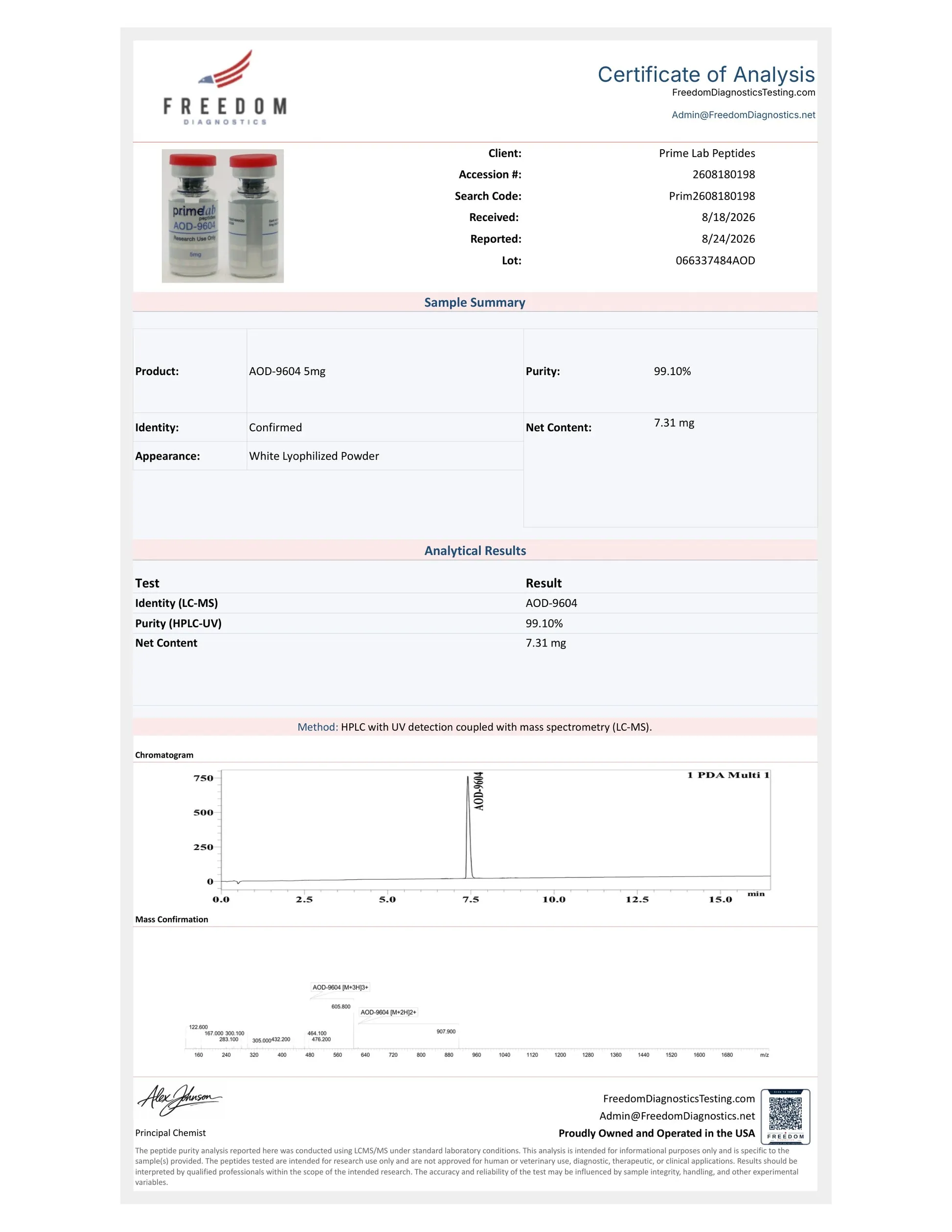 Certificate of Analysis — AOD-9604 5mg — lot 066337484AOD — 99.10% purity — Freedom Diagnostics, 8/24/2026