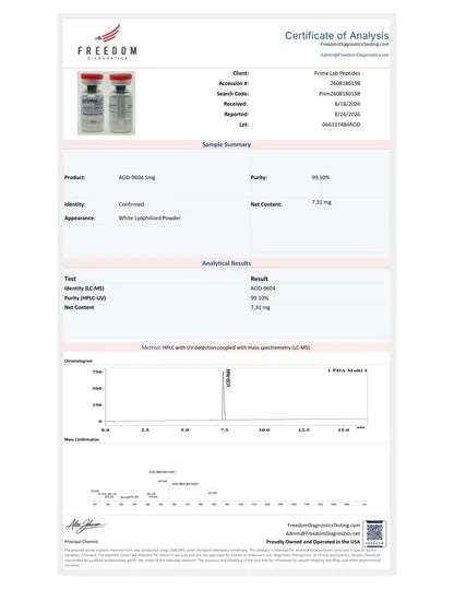 Certificate of Analysis — AOD-9604 5mg — lot 066337484AOD — 99.10% purity — Freedom Diagnostics, 8/24/2026