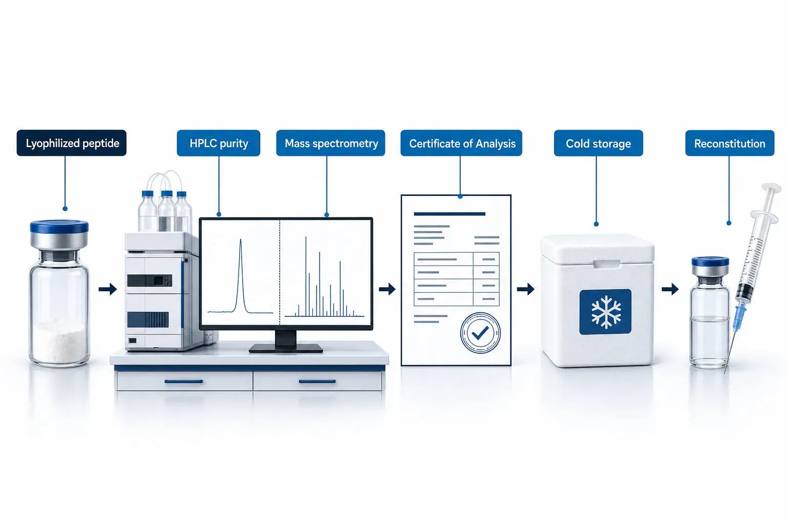 Sourcing TB-500 for Research: Purity, COA and Handling — diagram: Lyophilized peptide, HPLC purity, Mass spectrometry, Certif