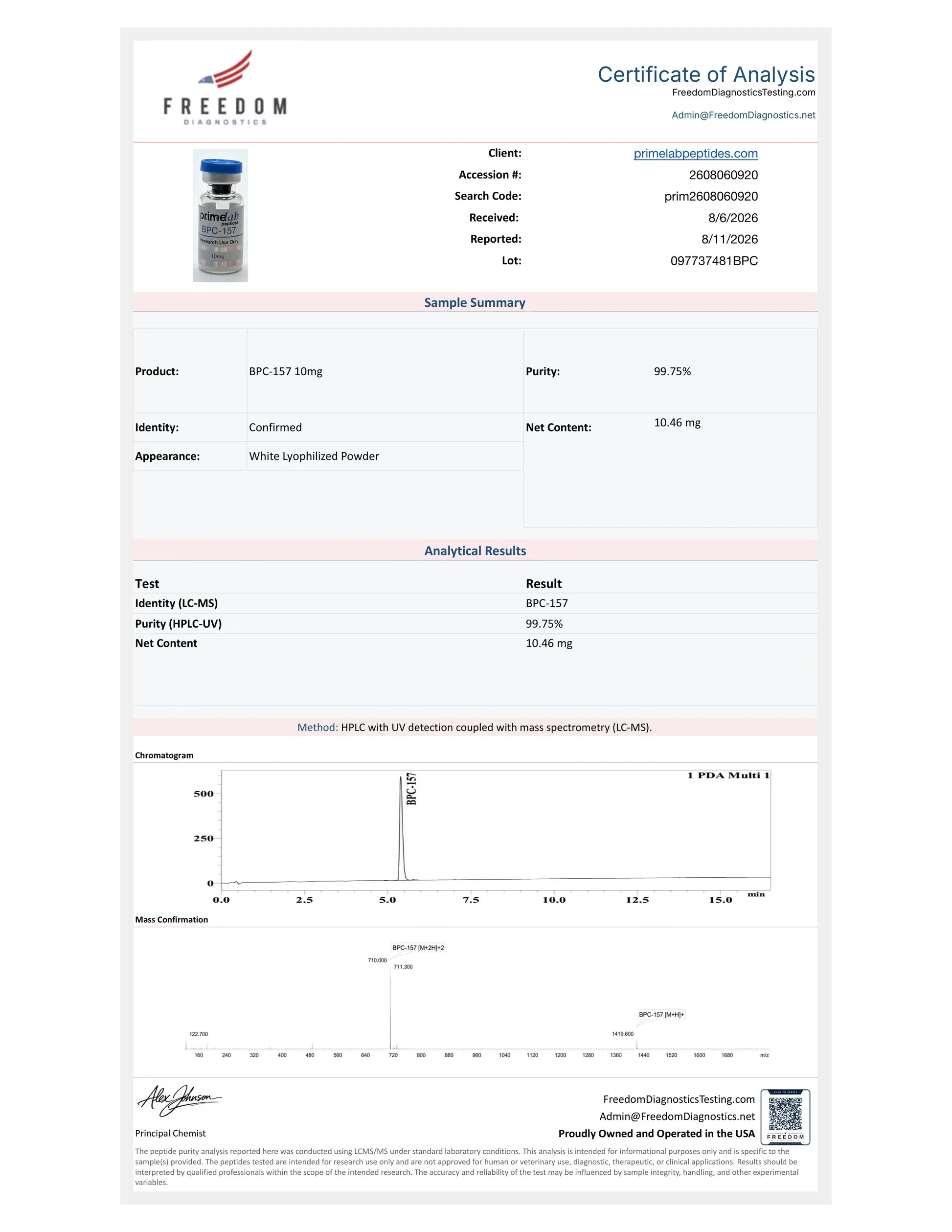 Certificate of Analysis — BPC-157 10mg, Freedom Diagnostics, lot 097737481BPC, 99.75% purity