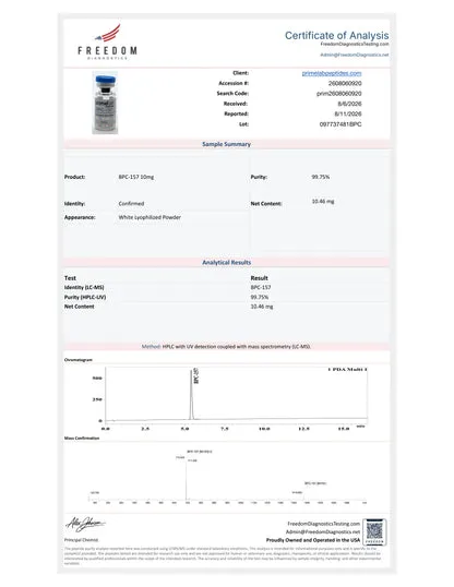 Certificate of Analysis — BPC-157 10mg, Freedom Diagnostics, lot 097737481BPC, 99.75% purity