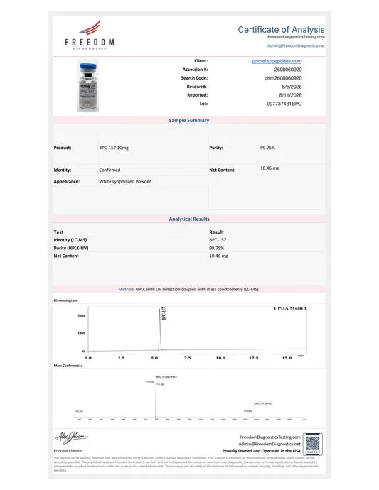 Certificate of Analysis — BPC-157 10mg, Freedom Diagnostics, lot 097737481BPC, 99.75% purity