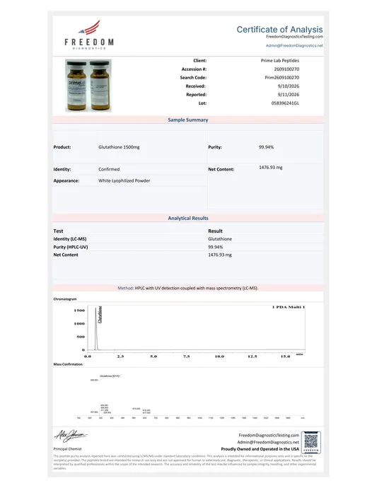 Certificate of Analysis - Glutathione 1500mg - lot 058396241GL - 99.94% purity - Freedom Diagnostics