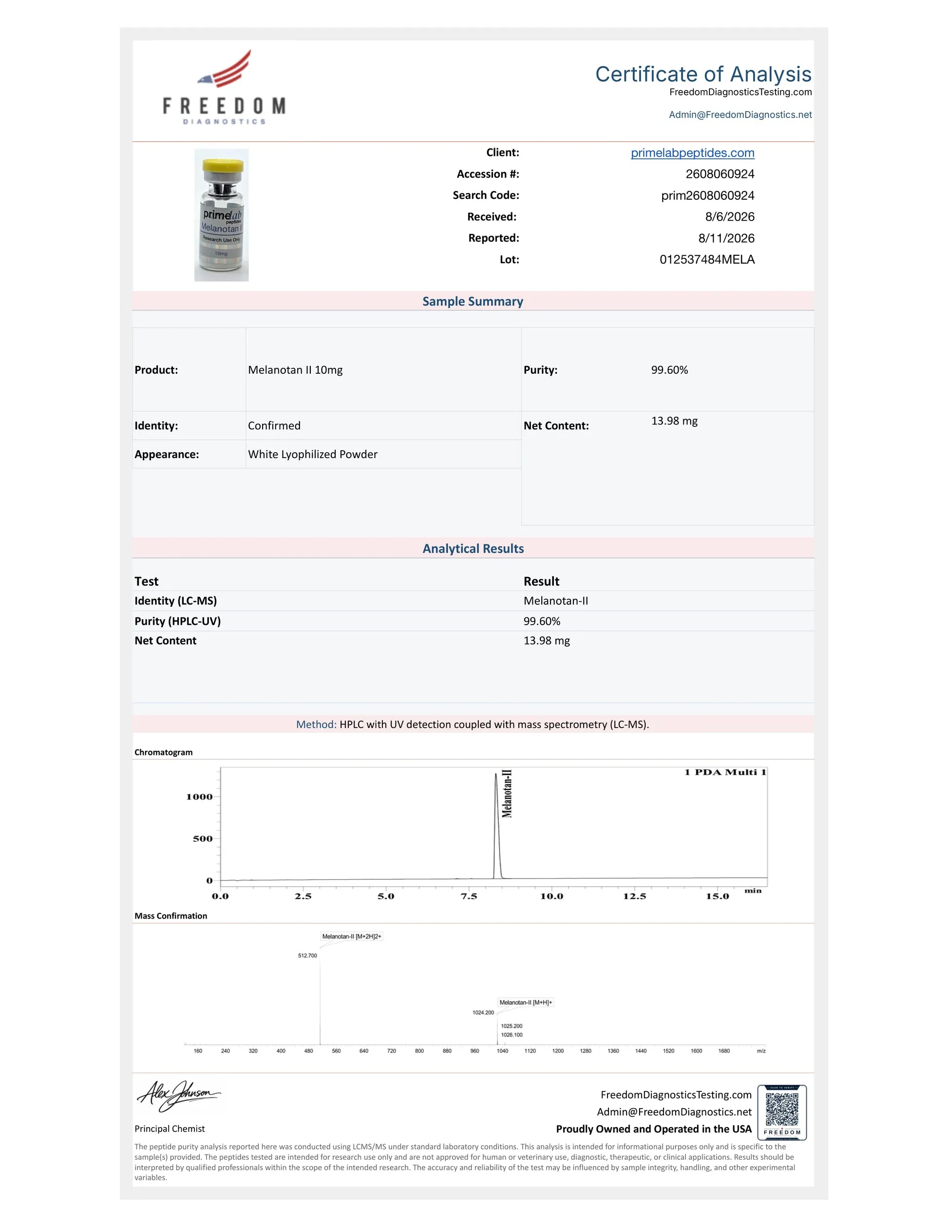 Certificate of Analysis — Melanotan II 10mg, Freedom Diagnostics, lot 012537484MELA, 99.60% purity